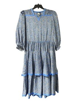 Vintage Diane Freis Blue Floral Tiered Midi Dress Elastic Waist